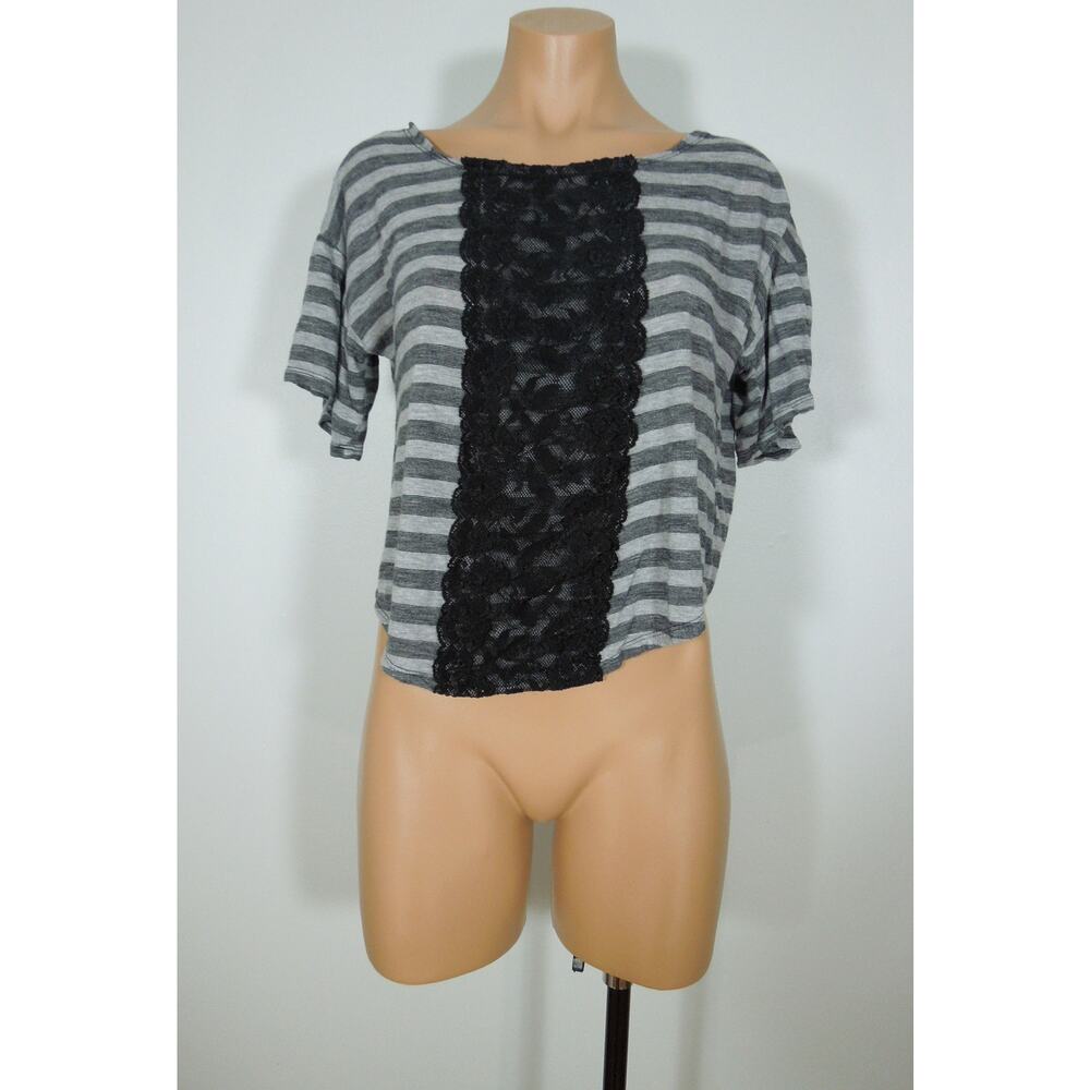 PINK ROSE Crop Top S SMALL Lace Embellished Gray Black Striped